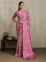 Womenline Wine Pink Floral Stripe Designer Saree with Elegant Blossom Print