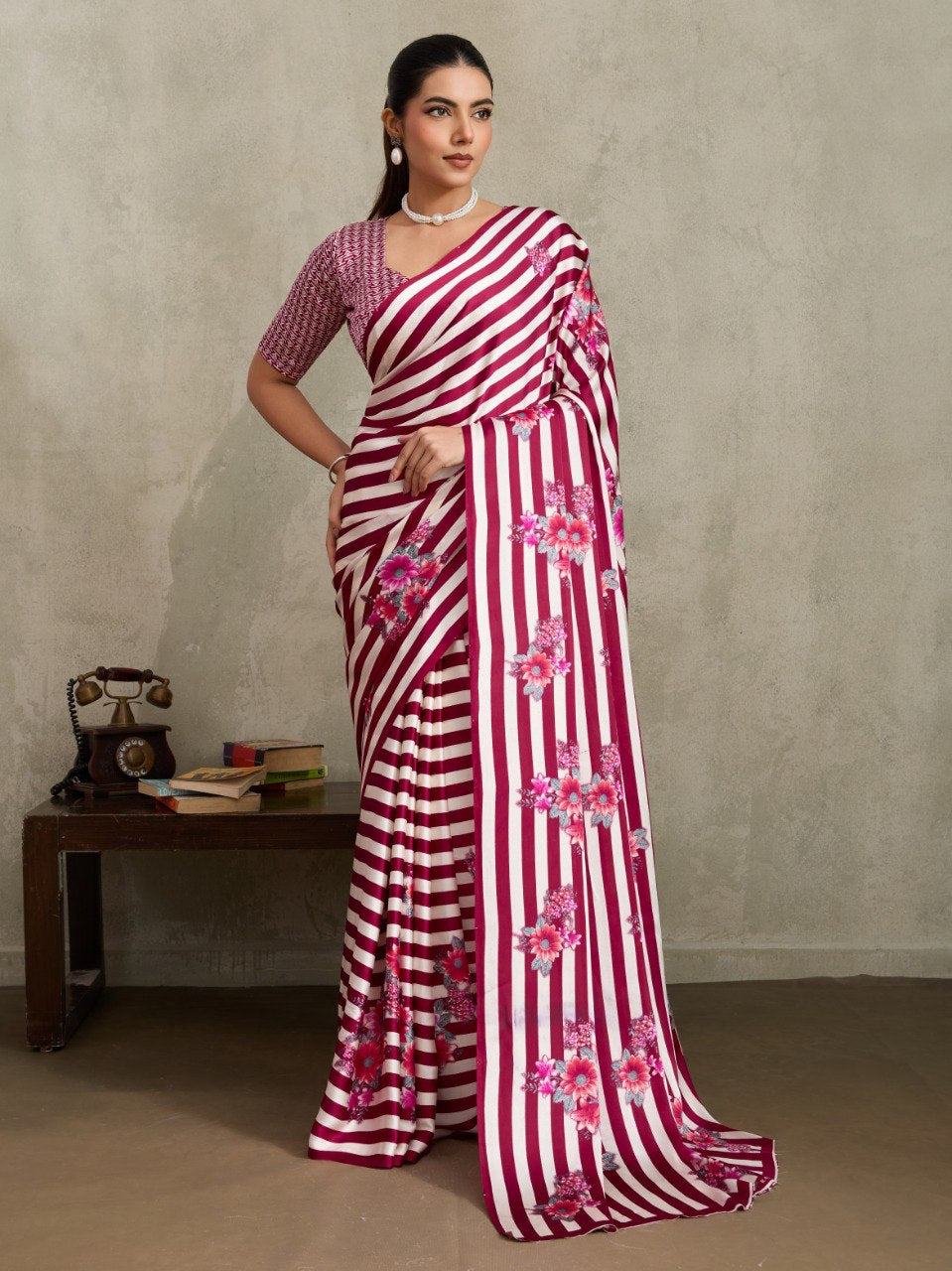 Womenline Wine Pink Floral Stripe Designer Saree with Elegant Blossom Print