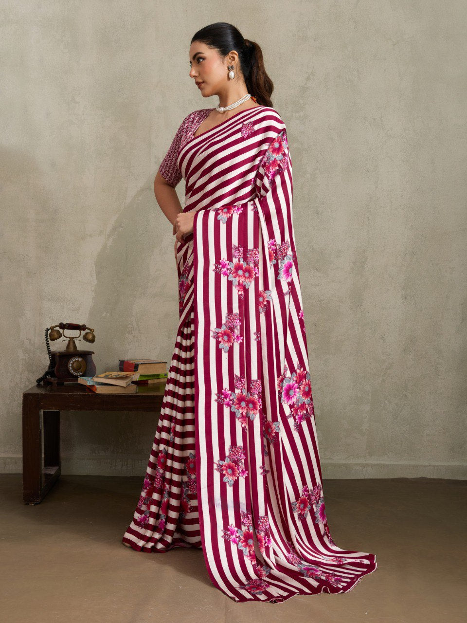 Womenline Wine Pink Floral Stripe Designer Saree with Elegant Blossom Print
