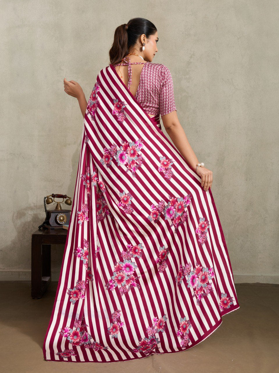 Womenline Wine Pink Floral Stripe Designer Saree with Elegant Blossom Print