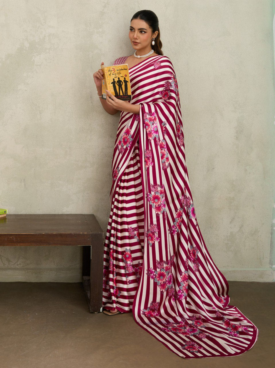 Womenline Wine Pink Floral Stripe Designer Saree with Elegant Blossom Print