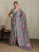 Womneline Black & White Floral Stripe Designer Saree with Elegant Blossom Print