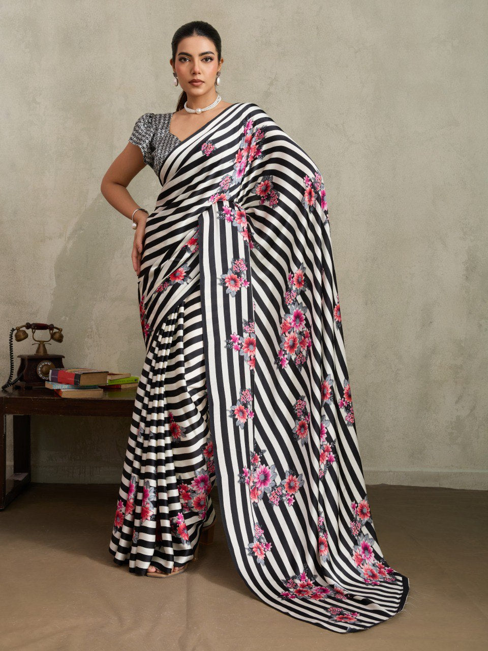 Womneline Black & White Floral Stripe Designer Saree with Elegant Blossom Print