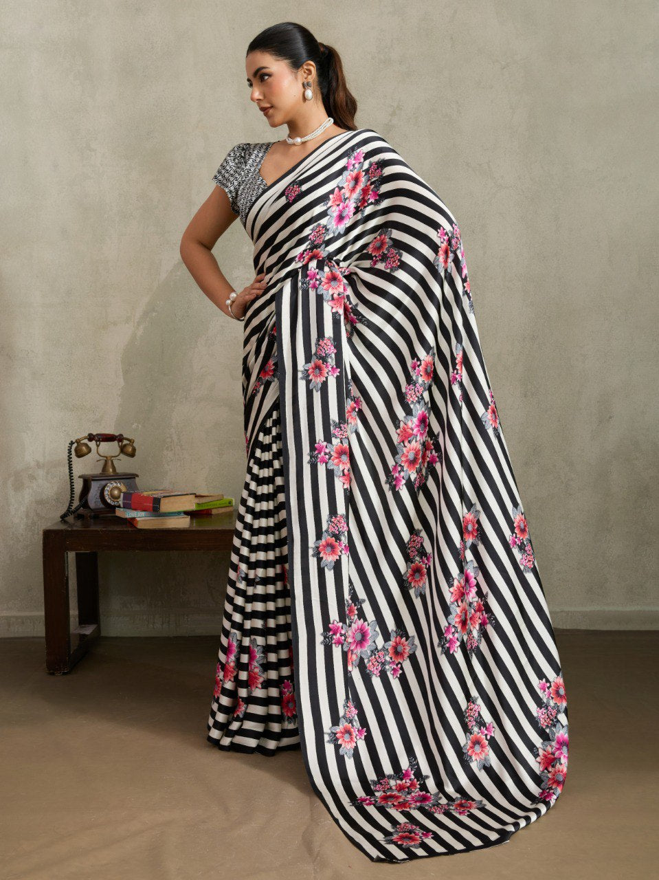 Womneline Black & White Floral Stripe Designer Saree with Elegant Blossom Print