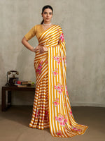 Womenline Mustard Yellow Floral Stripe Designer Saree with Elegant Blossom Print