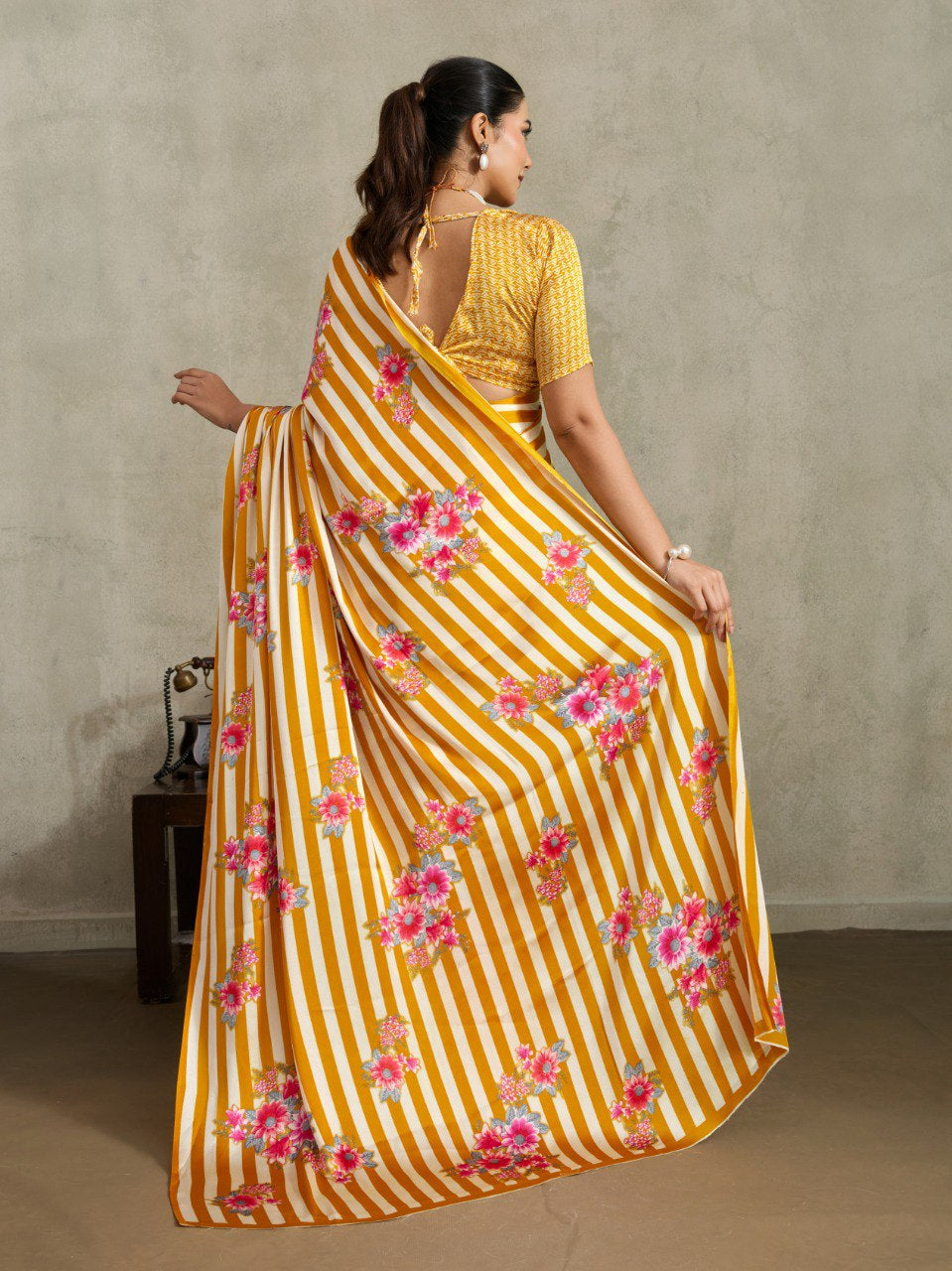Womenline Mustard Yellow Floral Stripe Designer Saree with Elegant Blossom Print