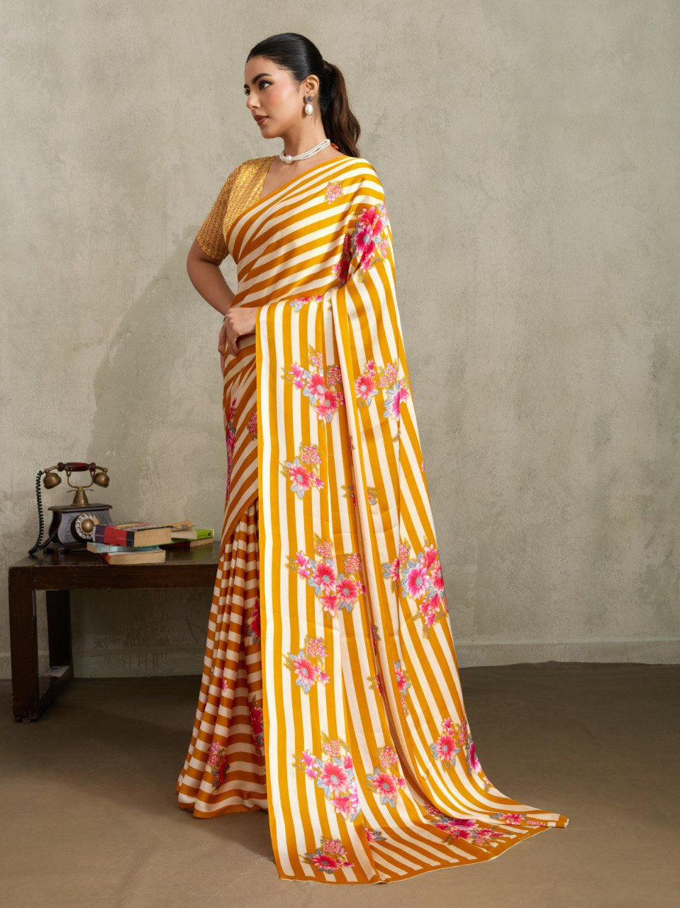Womenline Mustard Yellow Floral Stripe Designer Saree with Elegant Blossom Print