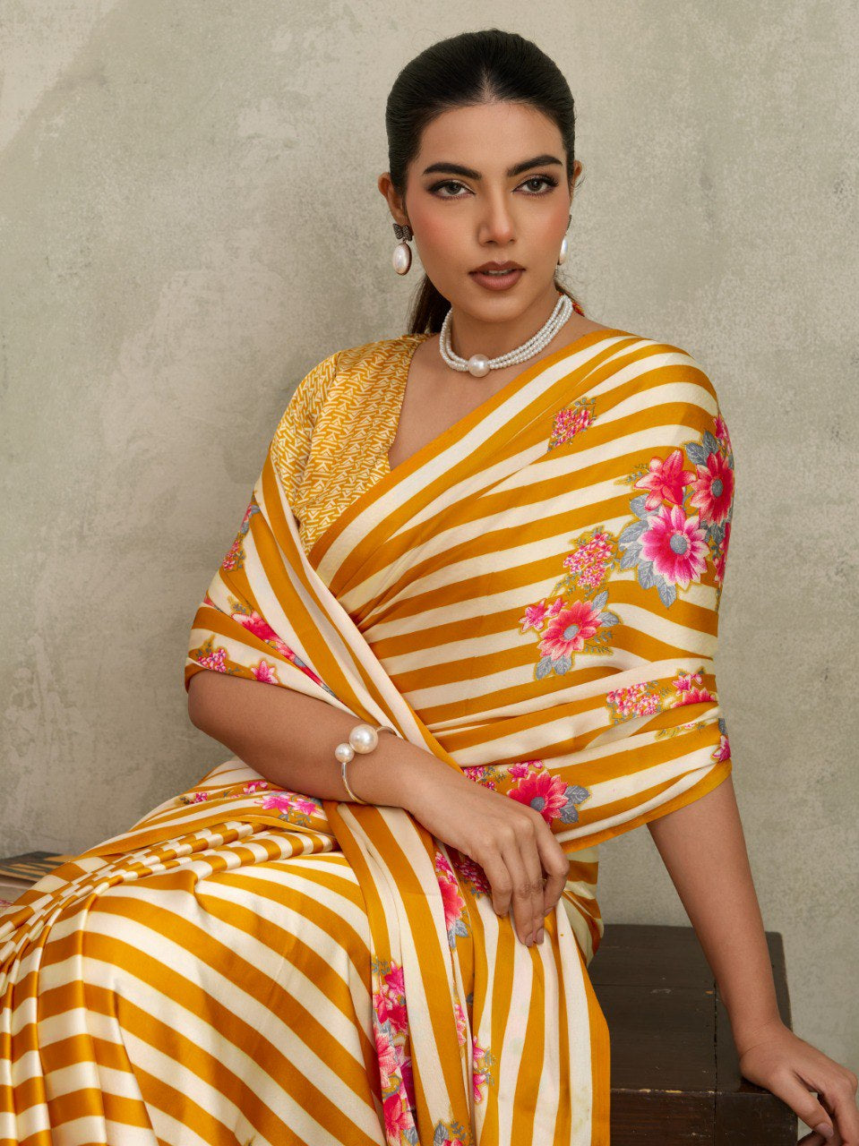 Womenline Mustard Yellow Floral Stripe Designer Saree with Elegant Blossom Print