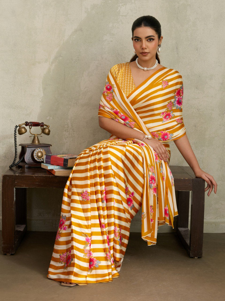 Womenline Mustard Yellow Floral Stripe Designer Saree with Elegant Blossom Print