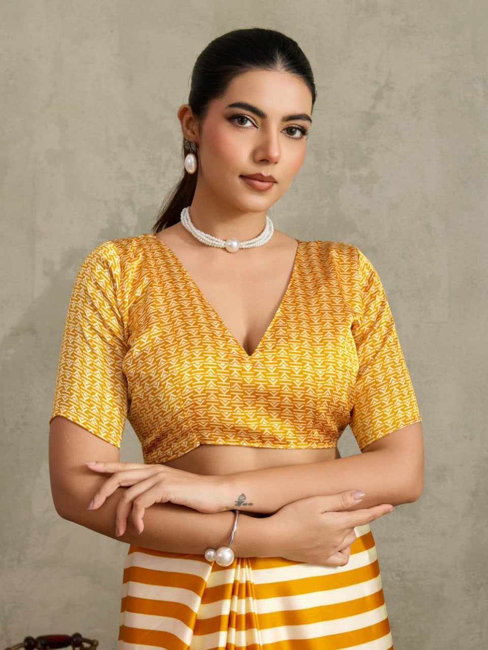 Womenline Mustard Yellow Floral Stripe Designer Saree with Elegant Blossom Print