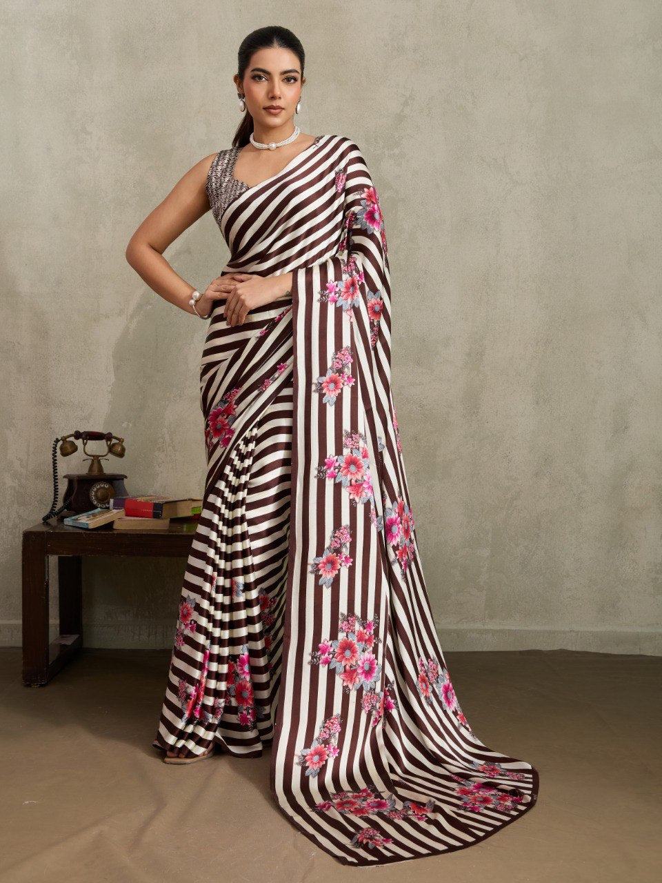Womenline Brown & White Floral Stripe Designer Saree with Elegant Blossom Print