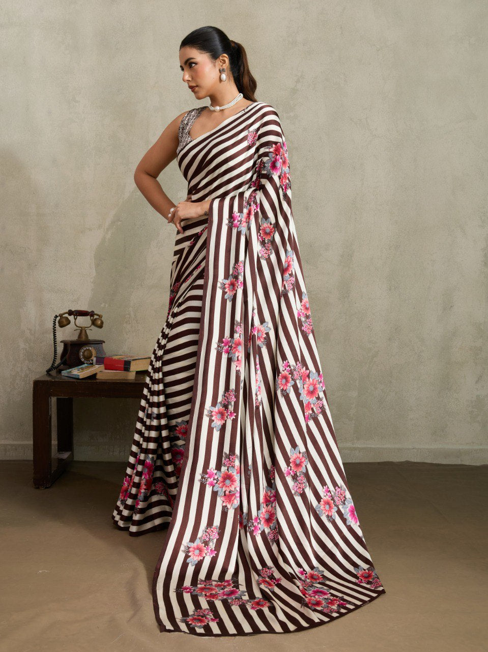Womenline Brown & White Floral Stripe Designer Saree with Elegant Blossom Print