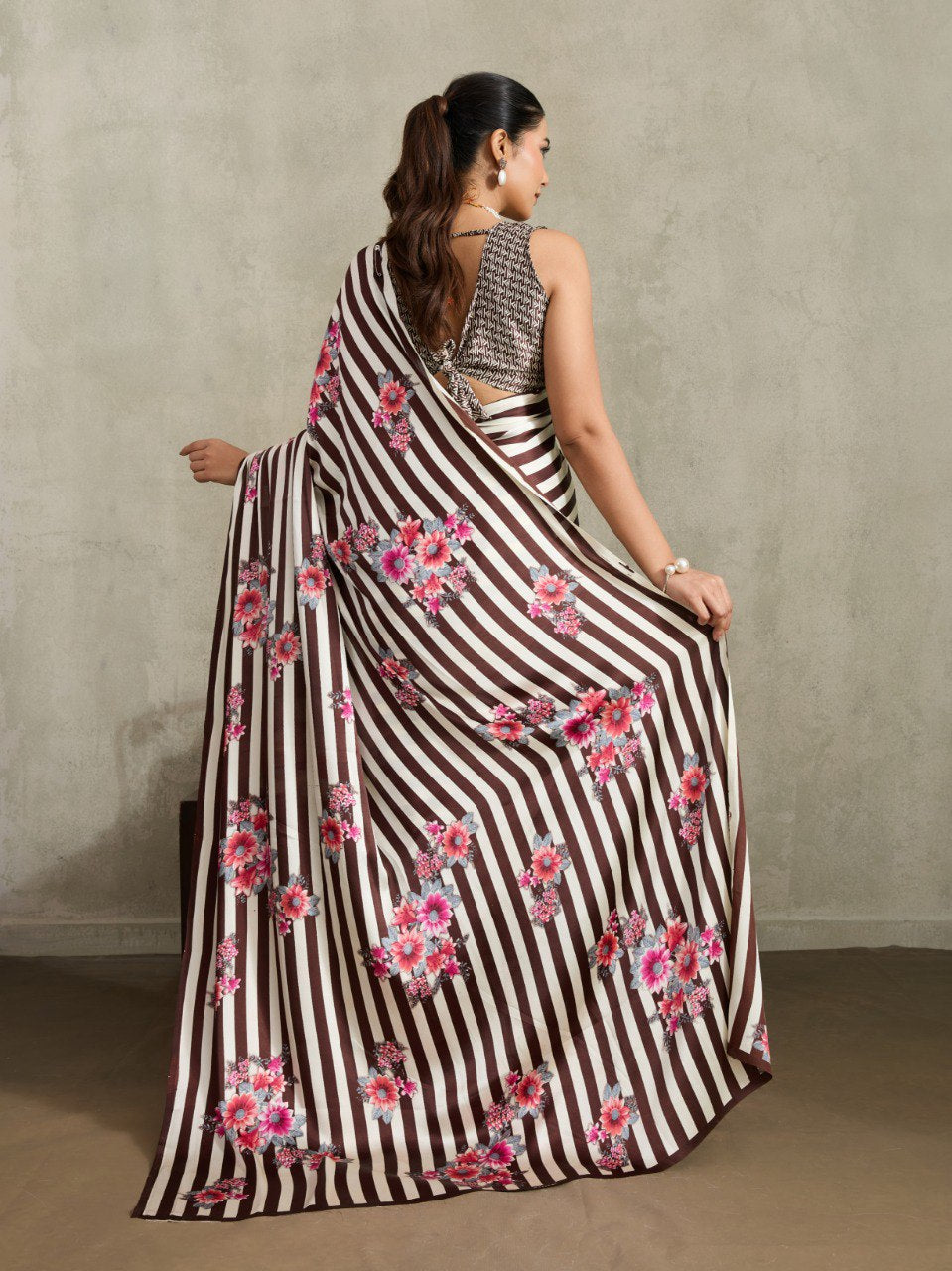 Womenline Brown & White Floral Stripe Designer Saree with Elegant Blossom Print