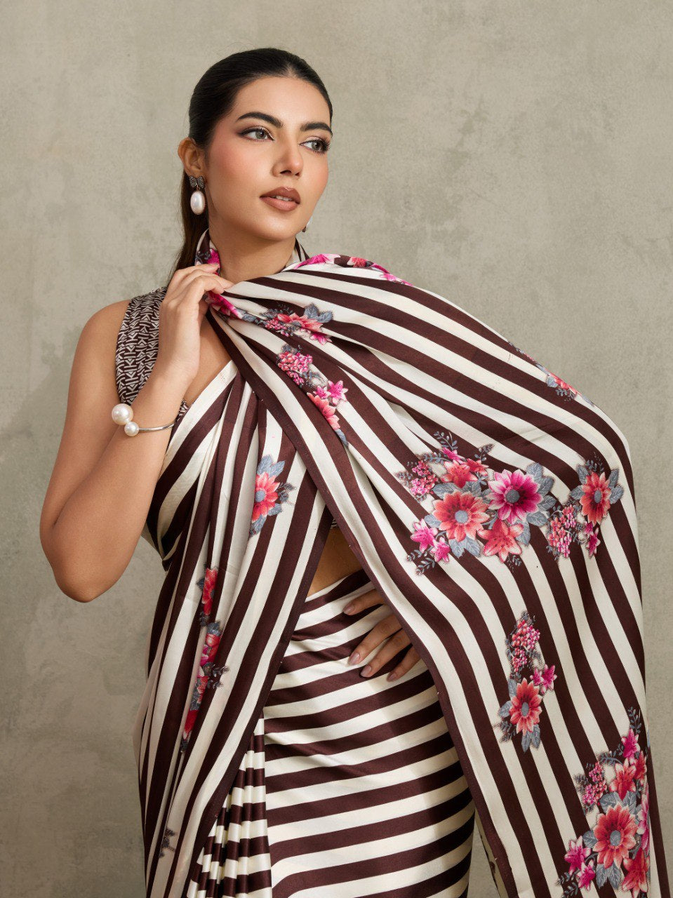 Womenline Brown & White Floral Stripe Designer Saree with Elegant Blossom Print