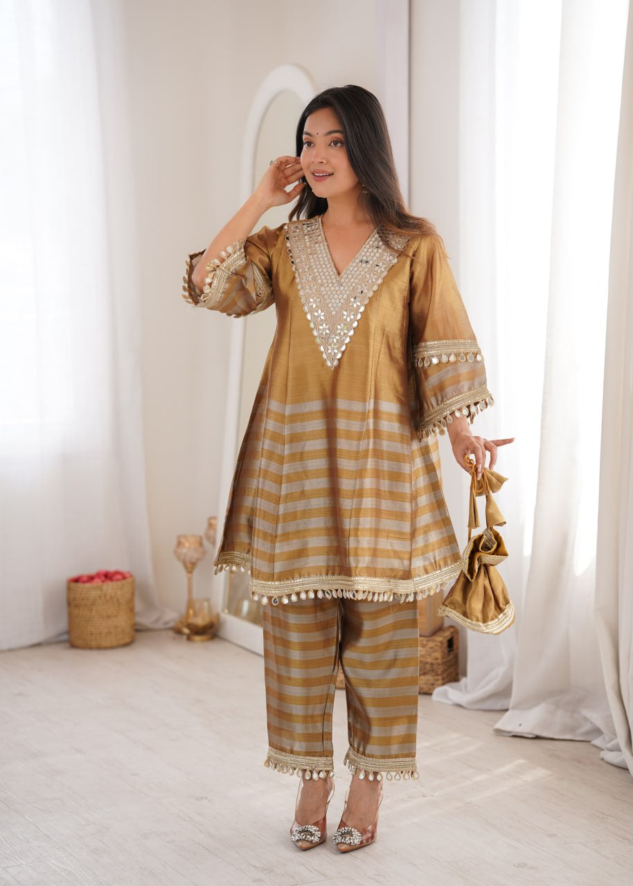 Womenline Golden Beige Striped Kurta Pant Set with Mirror Work Detailing
