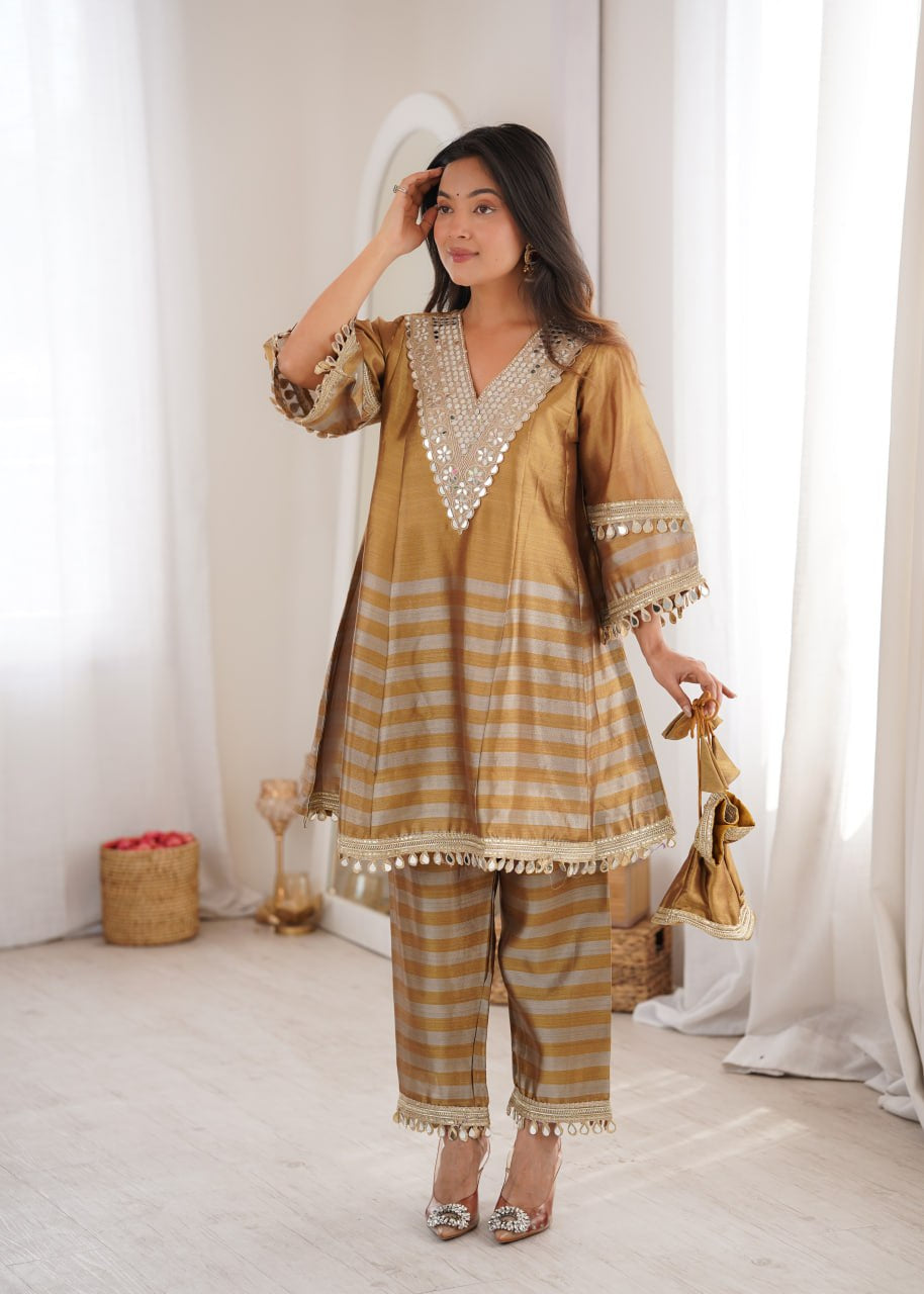 Womenline Golden Beige Striped Kurta Pant Set with Mirror Work Detailing