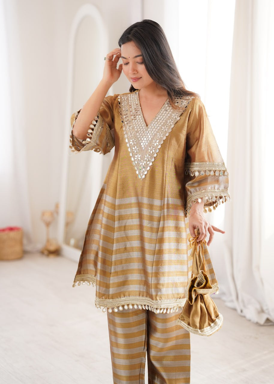 Womenline Golden Beige Striped Kurta Pant Set with Mirror Work Detailing