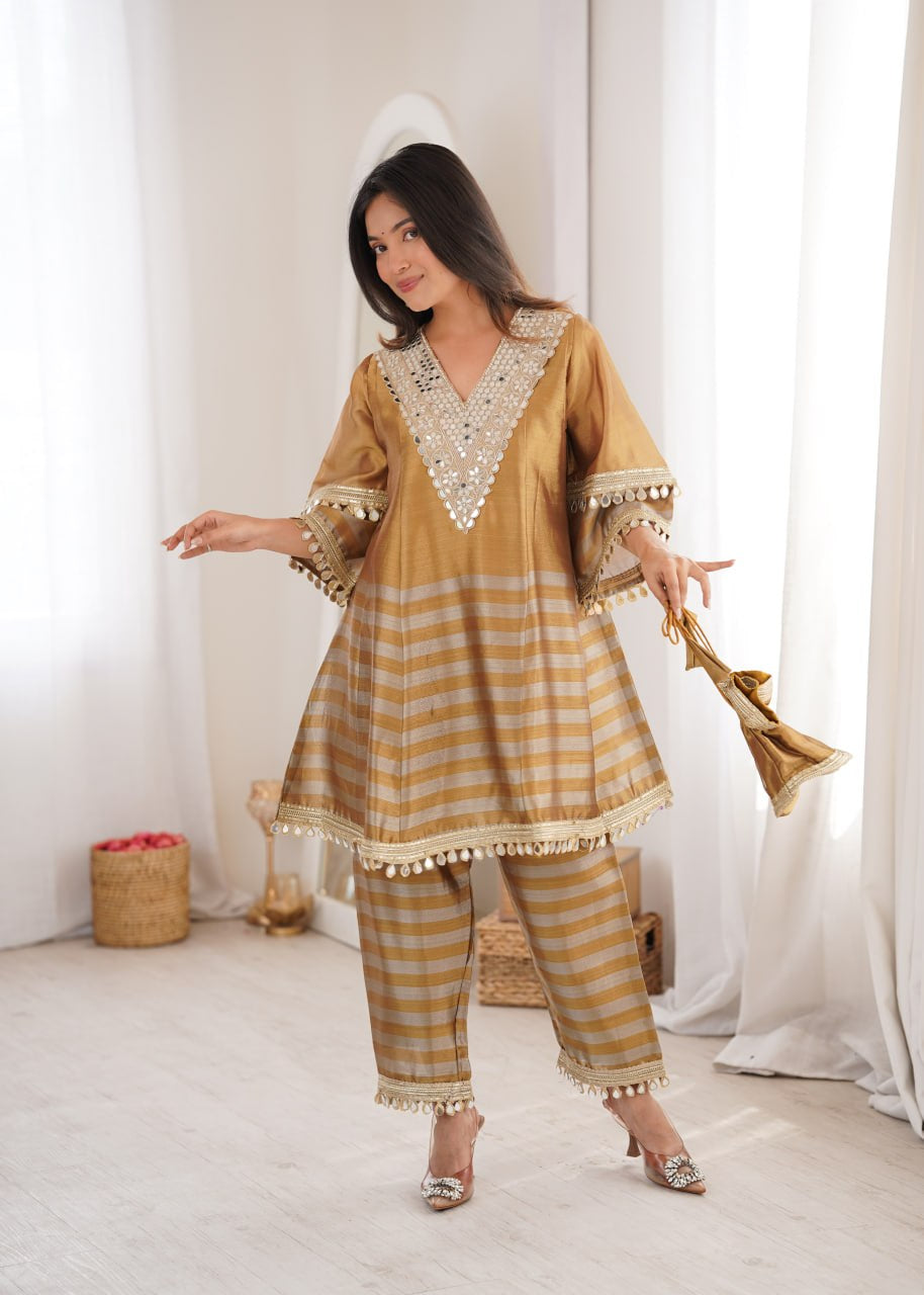 Womenline Golden Beige Striped Kurta Pant Set with Mirror Work Detailing