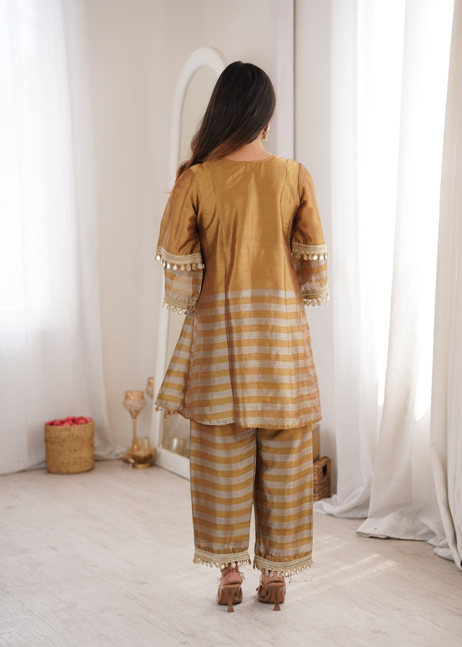 Womenline Golden Beige Striped Kurta Pant Set with Mirror Work Detailing