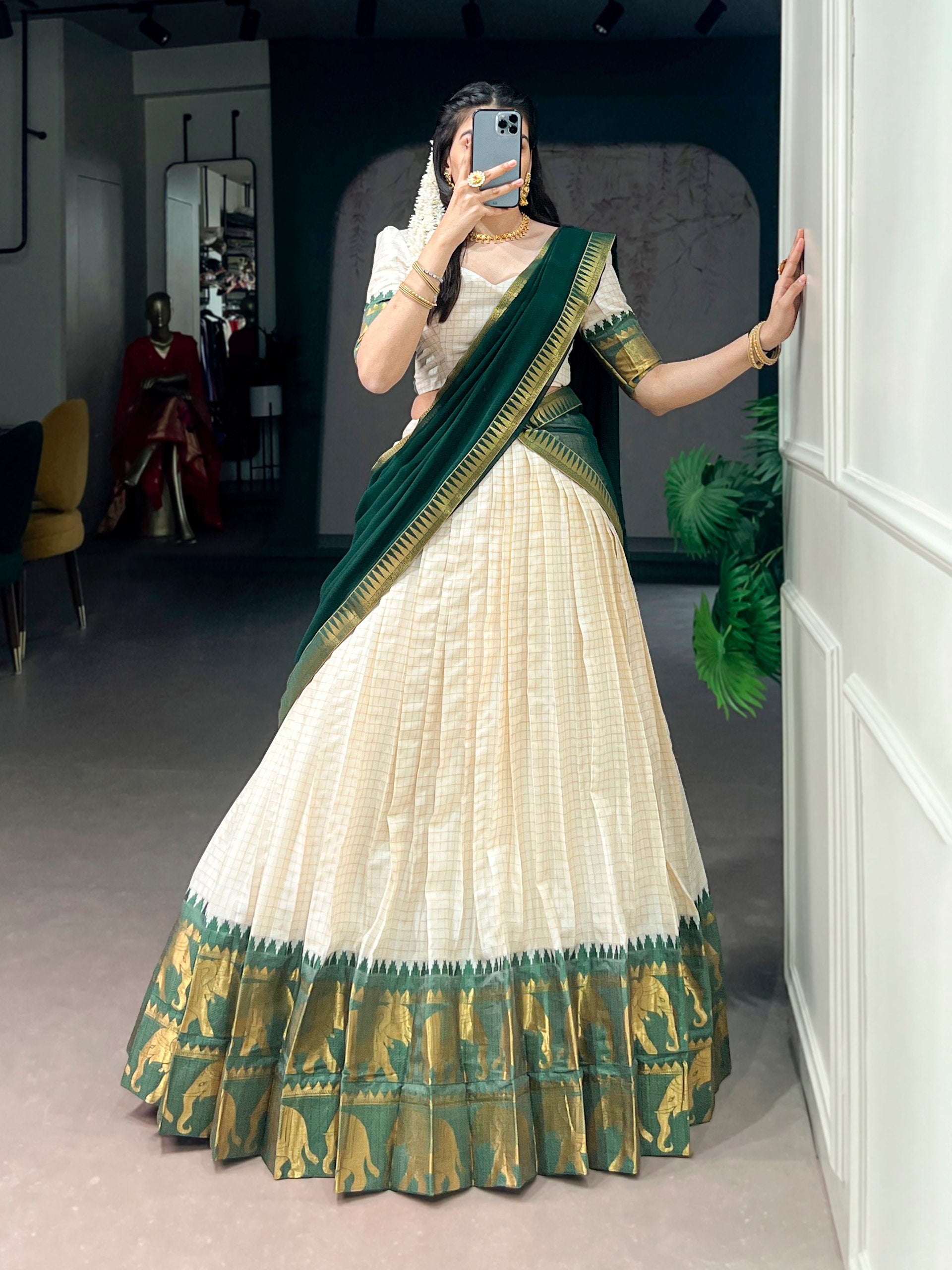 Womenline Off White Traditional South Silk Saree with Emerald Green Zari Border