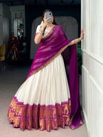 Womenline Off White South Cotton Saree with Purple Temple Border