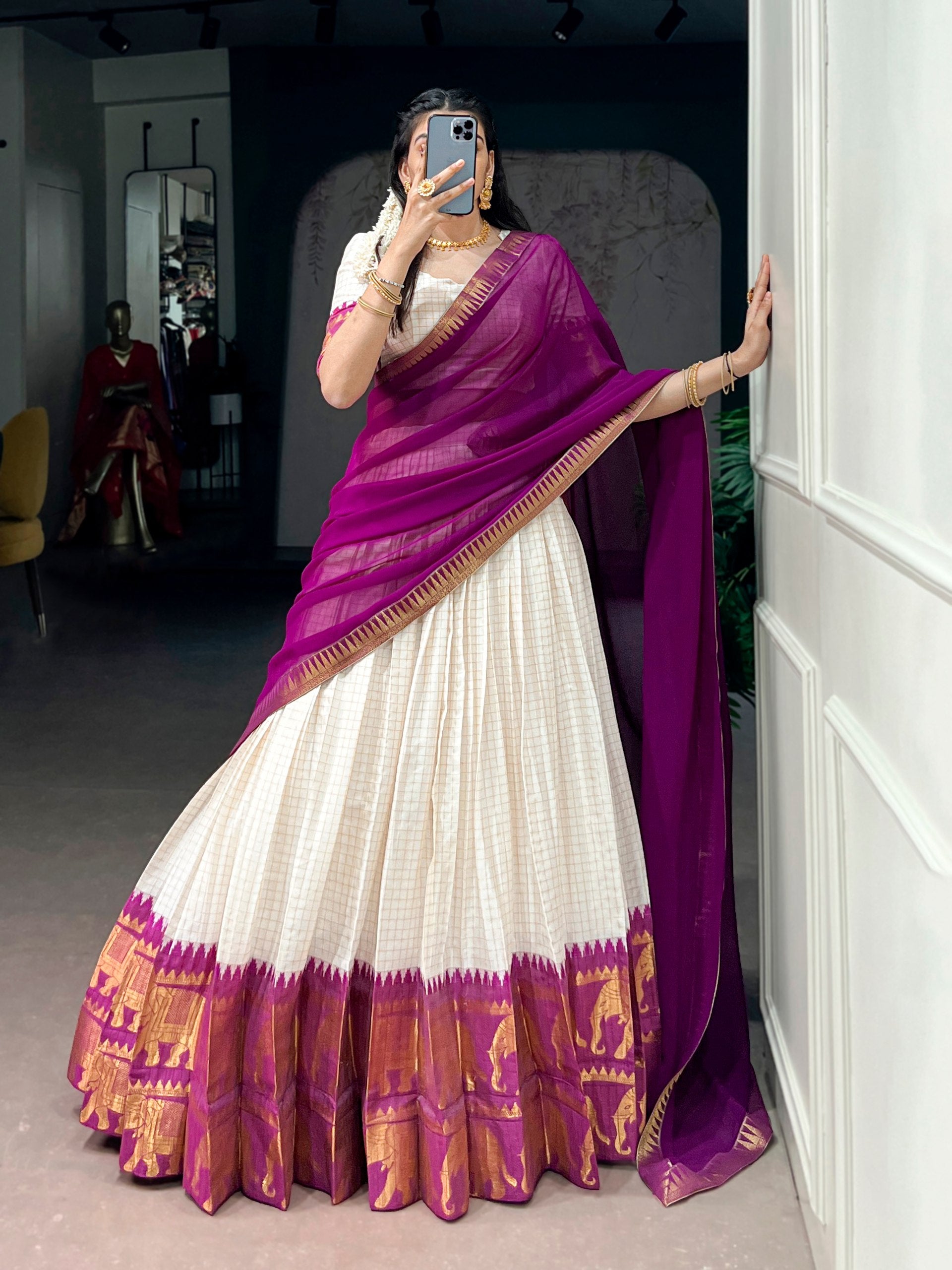 Womenline Off White South Cotton Saree with Purple Temple Border
