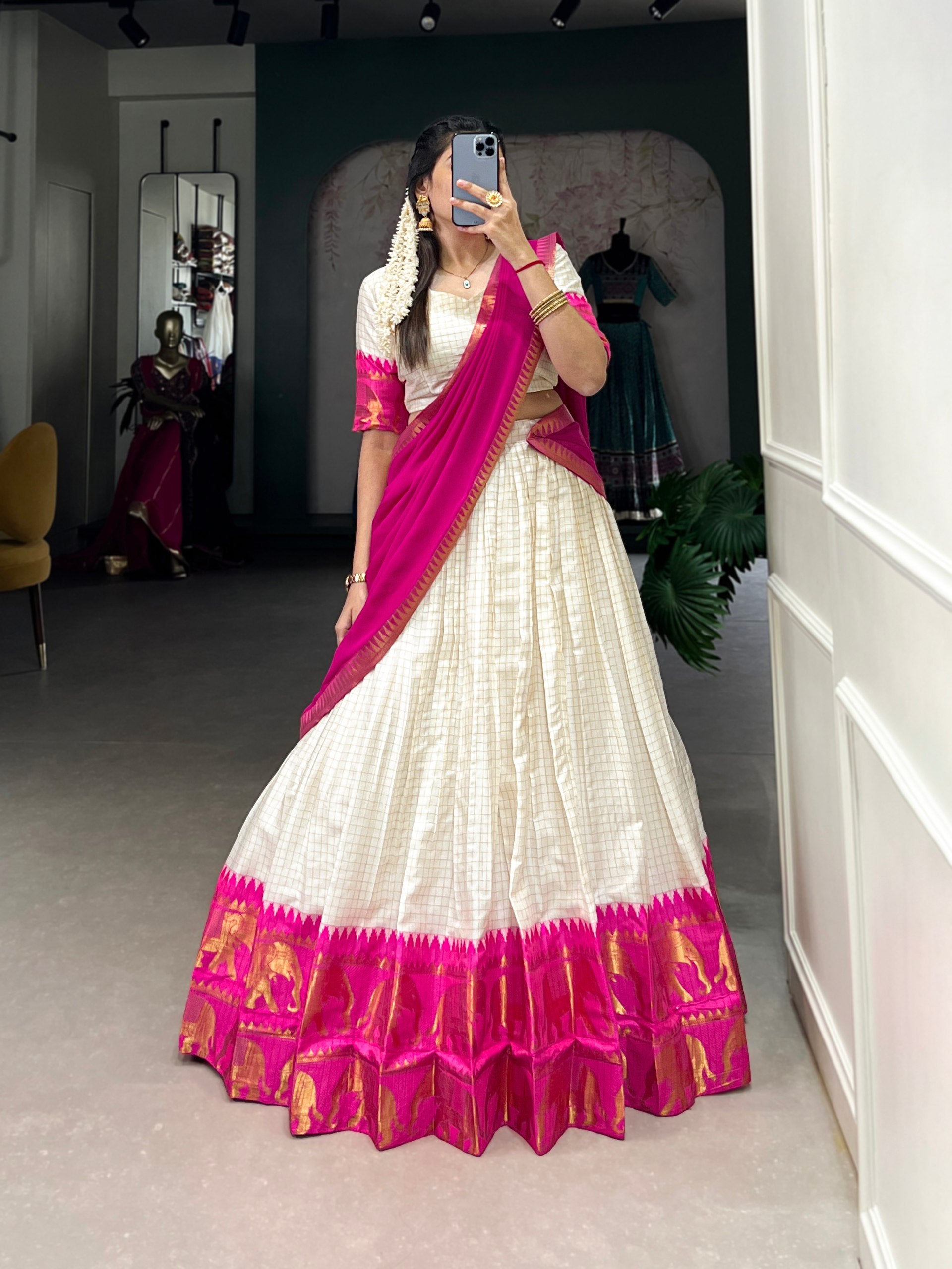 Womenline Off White Traditional South Silk Saree with Hot Pink Temple Border