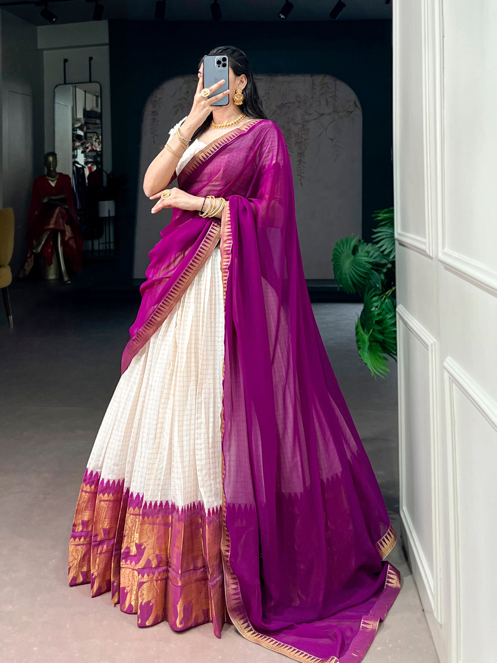 Womenline Off White South Cotton Saree with Purple Temple Border