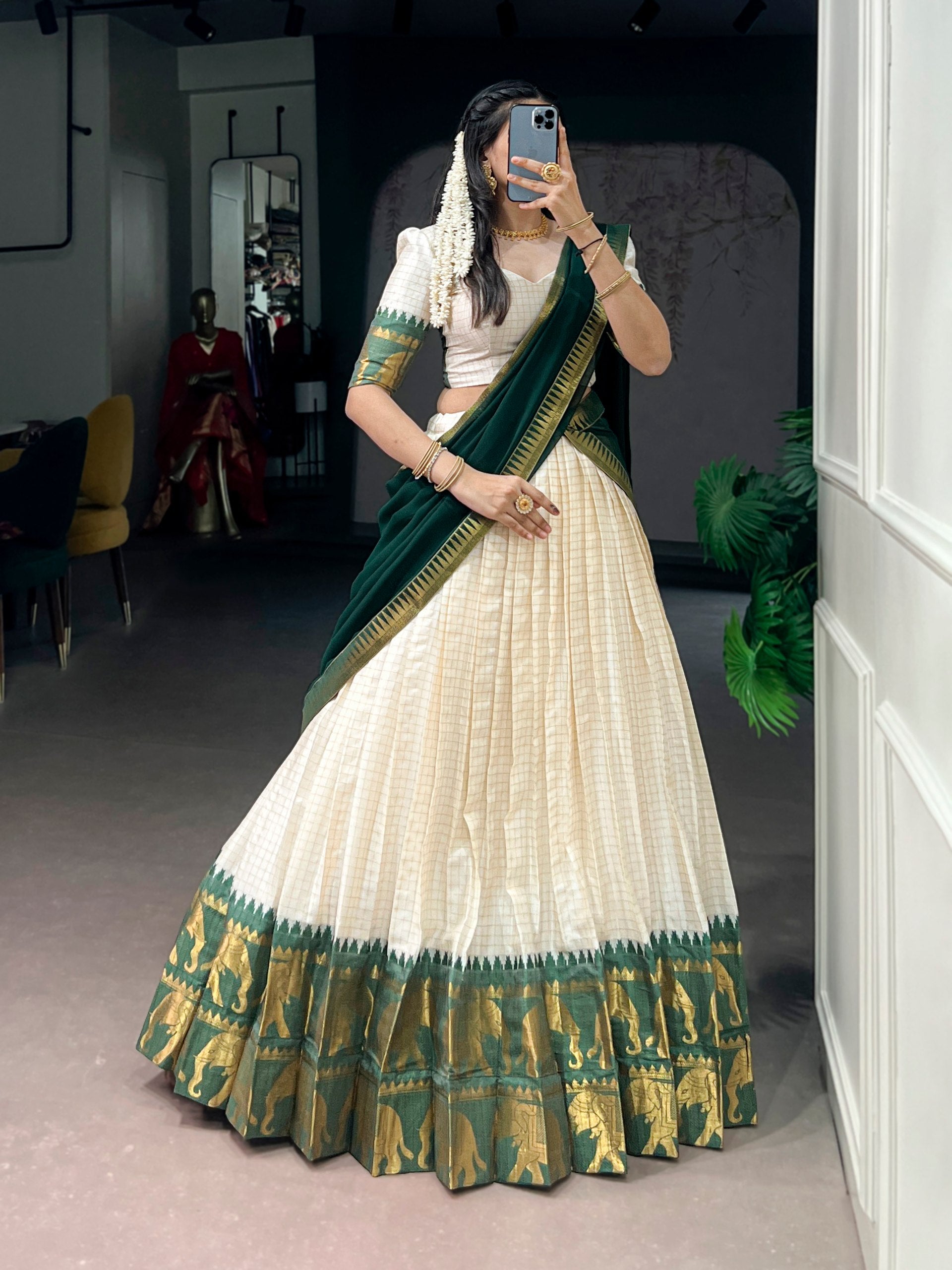 Womenline Off White Traditional South Silk Saree with Emerald Green Zari Border