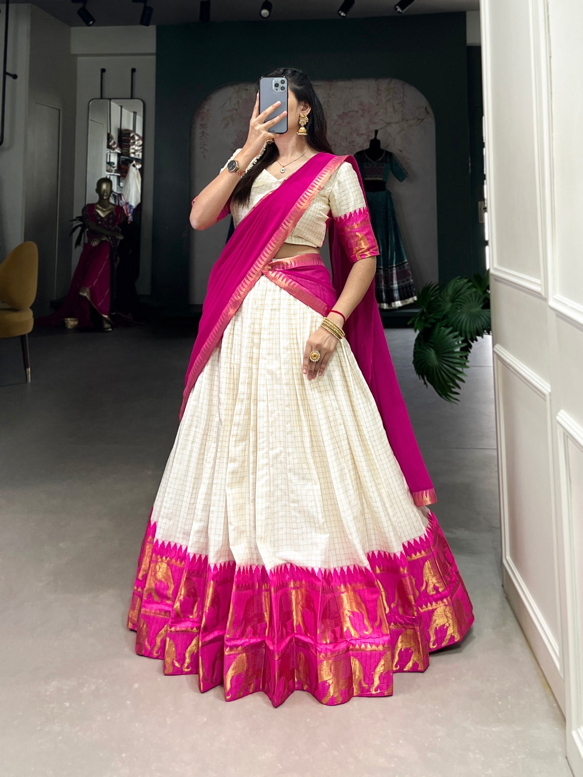 Womenline Off White Traditional South Silk Saree with Hot Pink Temple Border