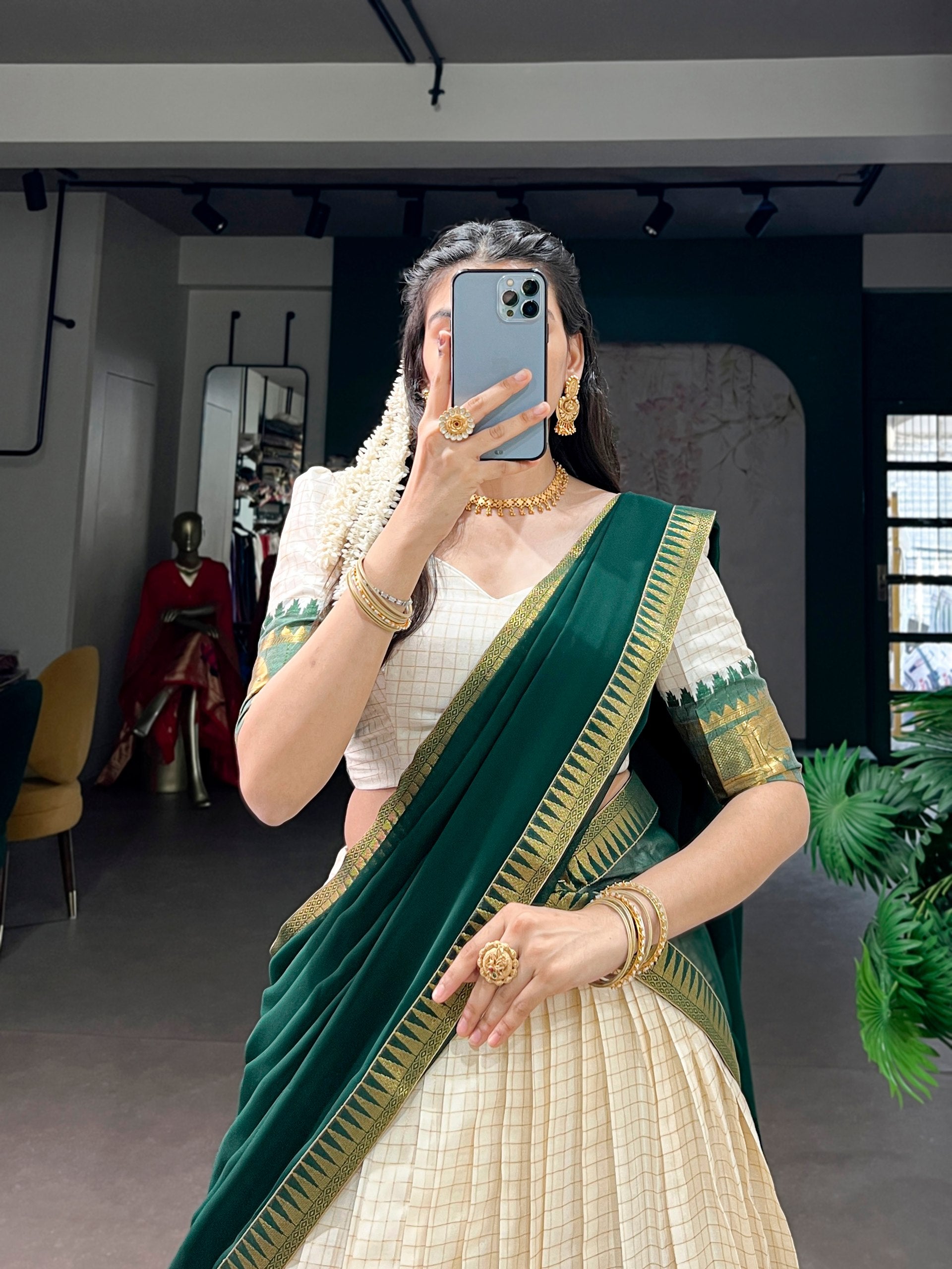 Womenline Off White Traditional South Silk Saree with Emerald Green Zari Border