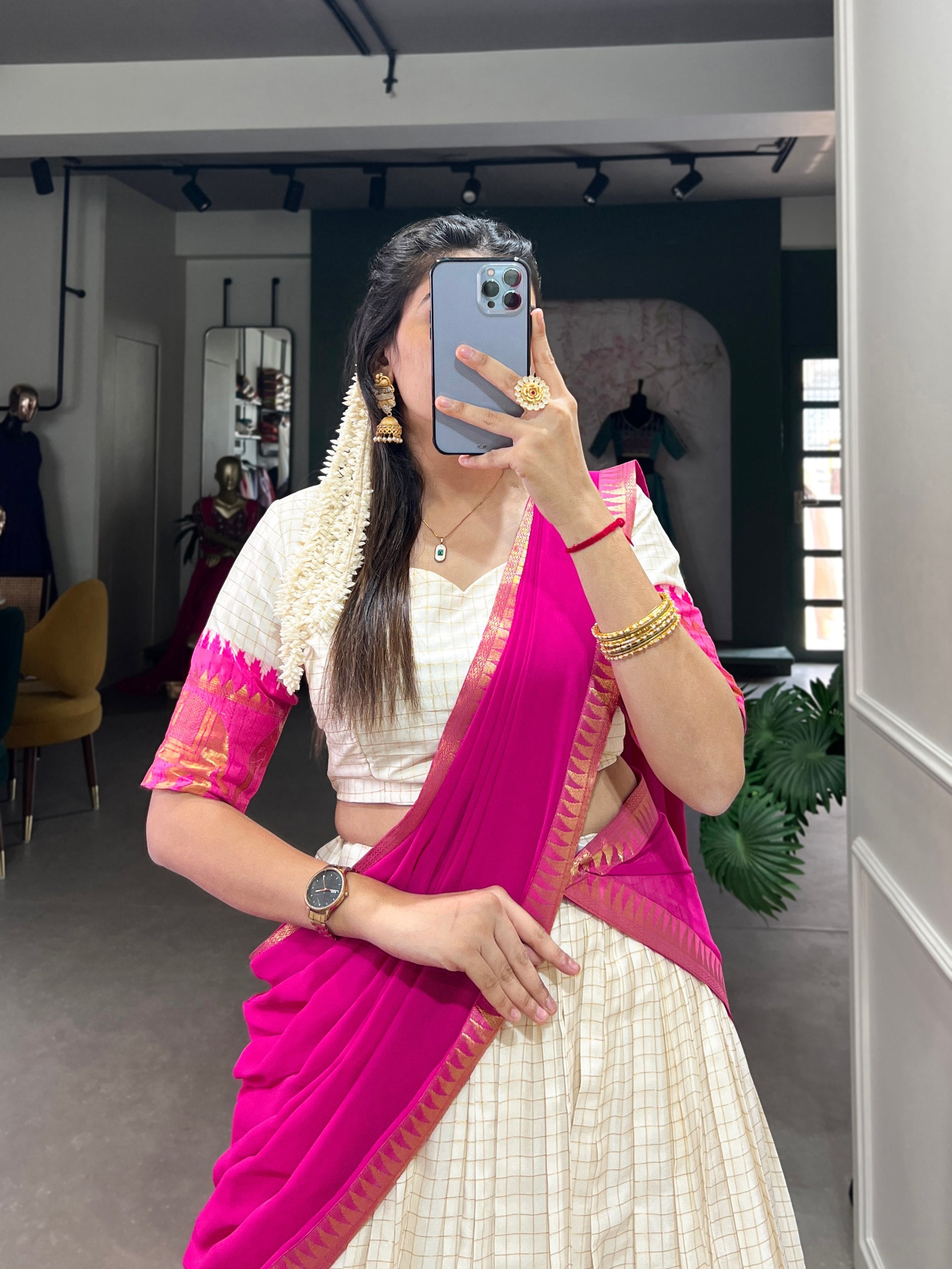 Womenline Off White Traditional South Silk Saree with Hot Pink Temple Border