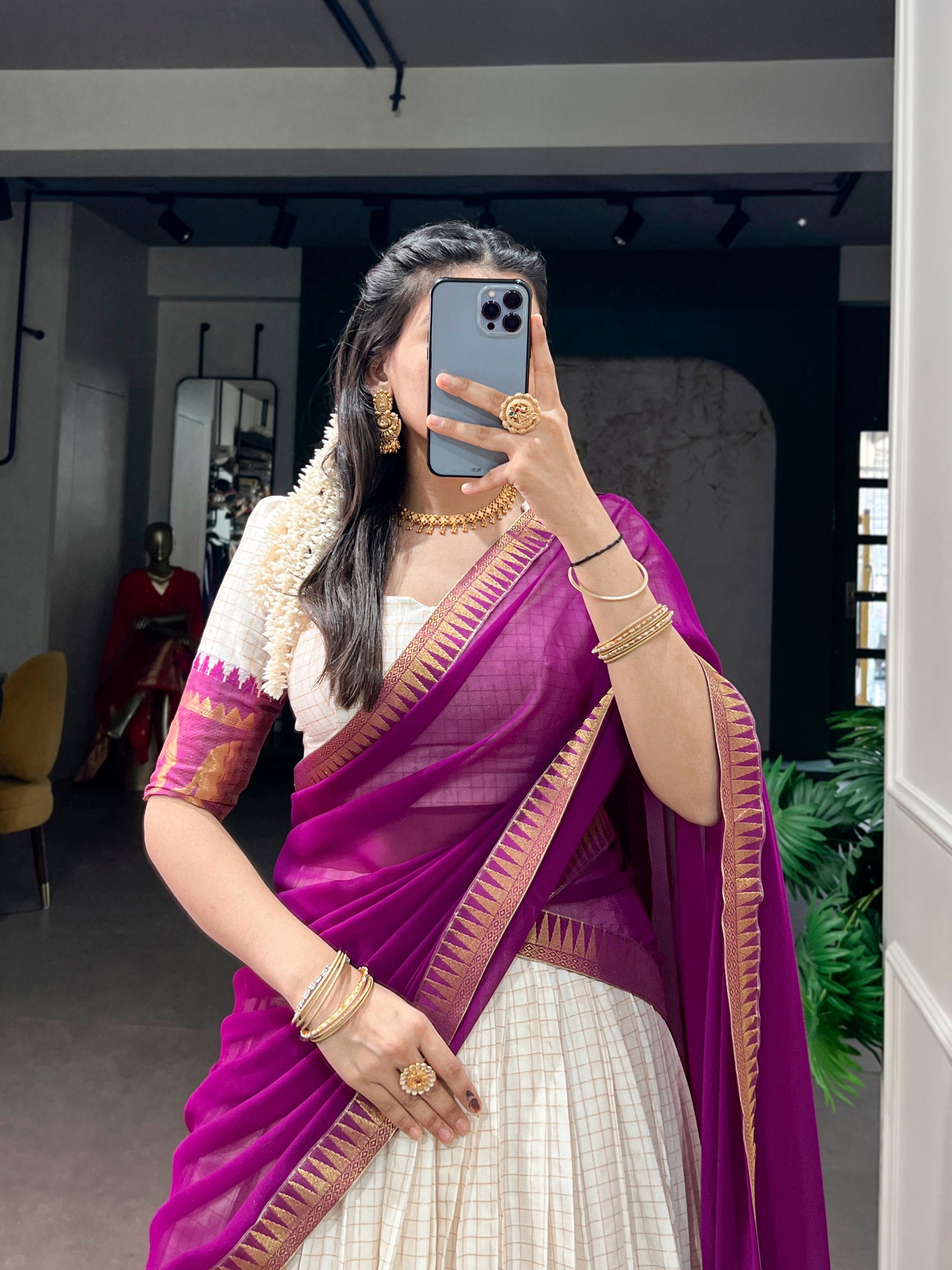 Womenline Off White South Cotton Saree with Purple Temple Border
