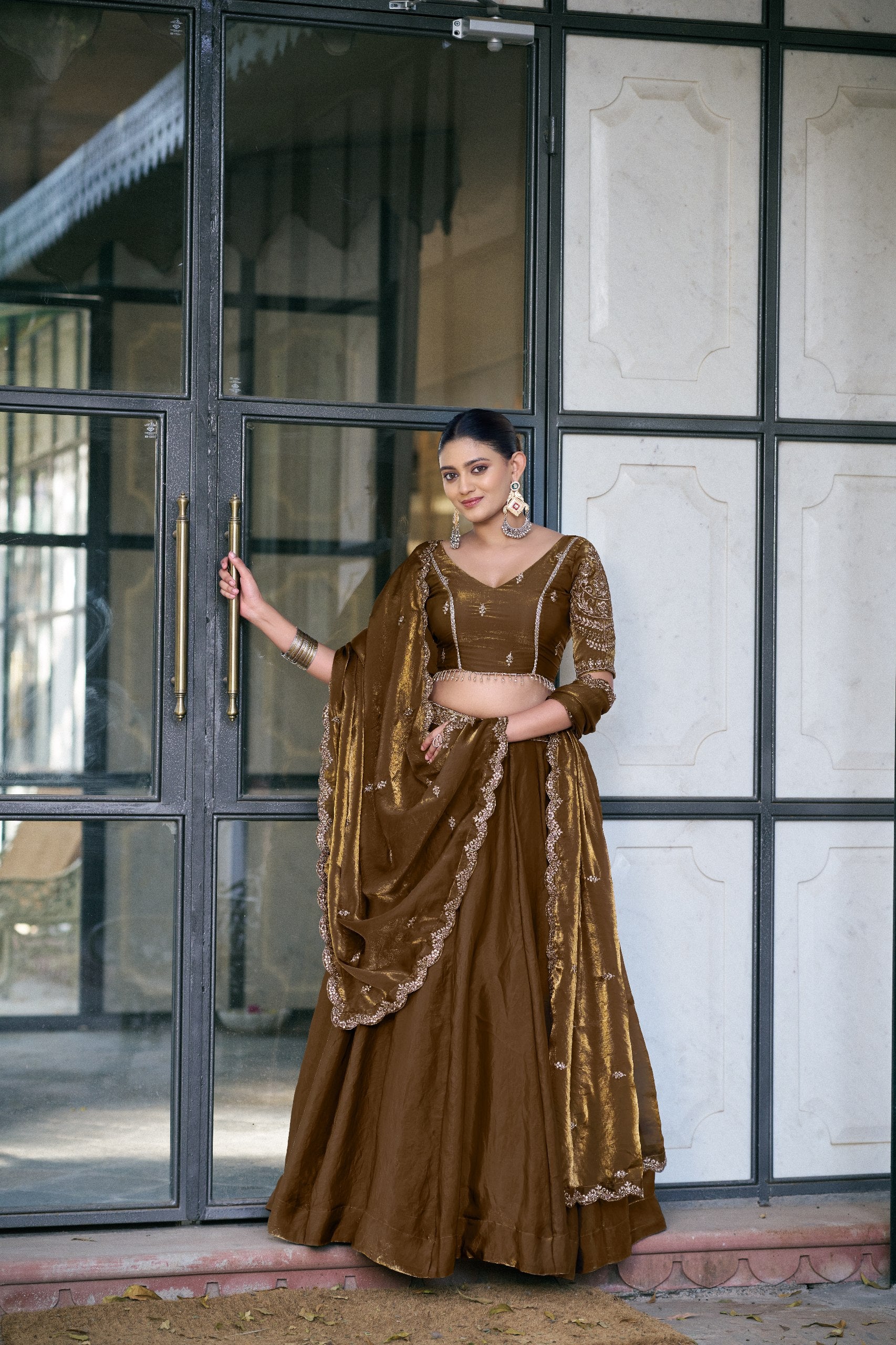 Womenline Chocolate Brown Designer Lehenga Choli with Embellished Dupatta