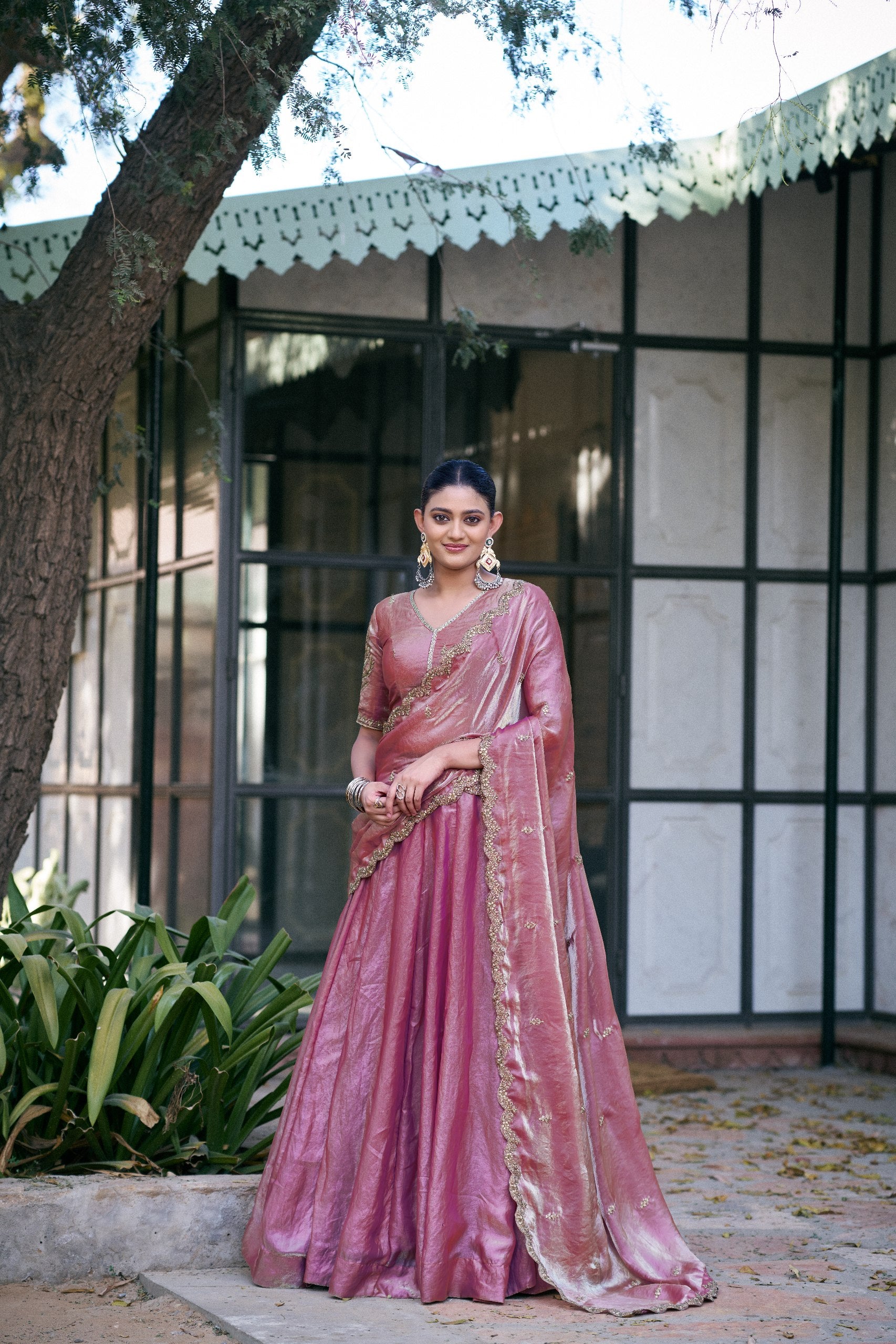 Womenline Rose Pink Shimmer Silk Lehenga Saree with Embellished Border