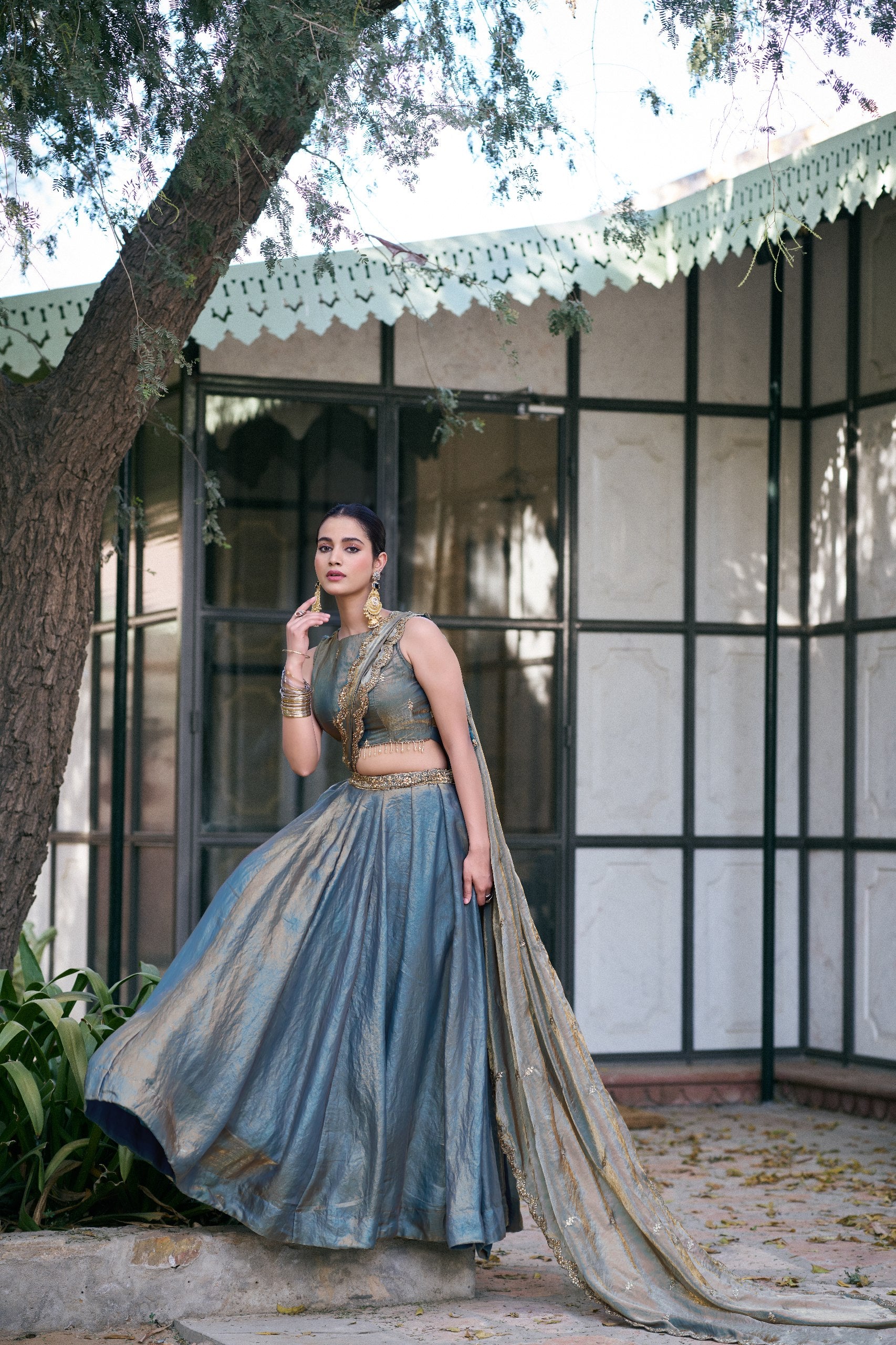 Womenline Steel Blue Designer Lehenga Choli with Embellished Dupatta