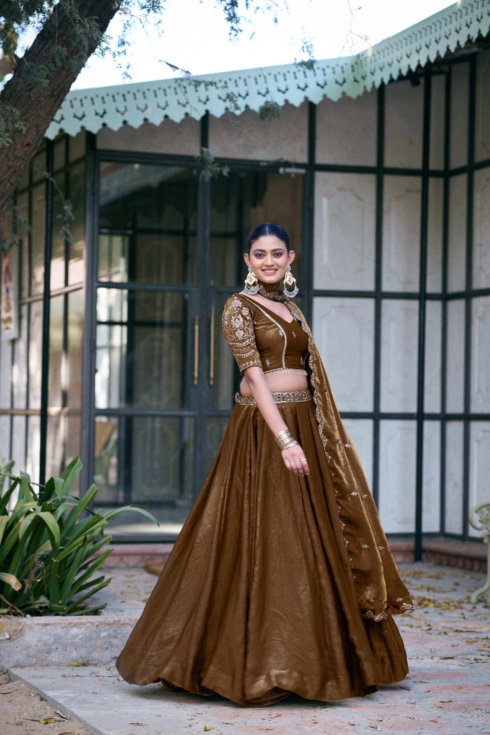 Womenline Chocolate Brown Designer Lehenga Choli with Embellished Dupatta