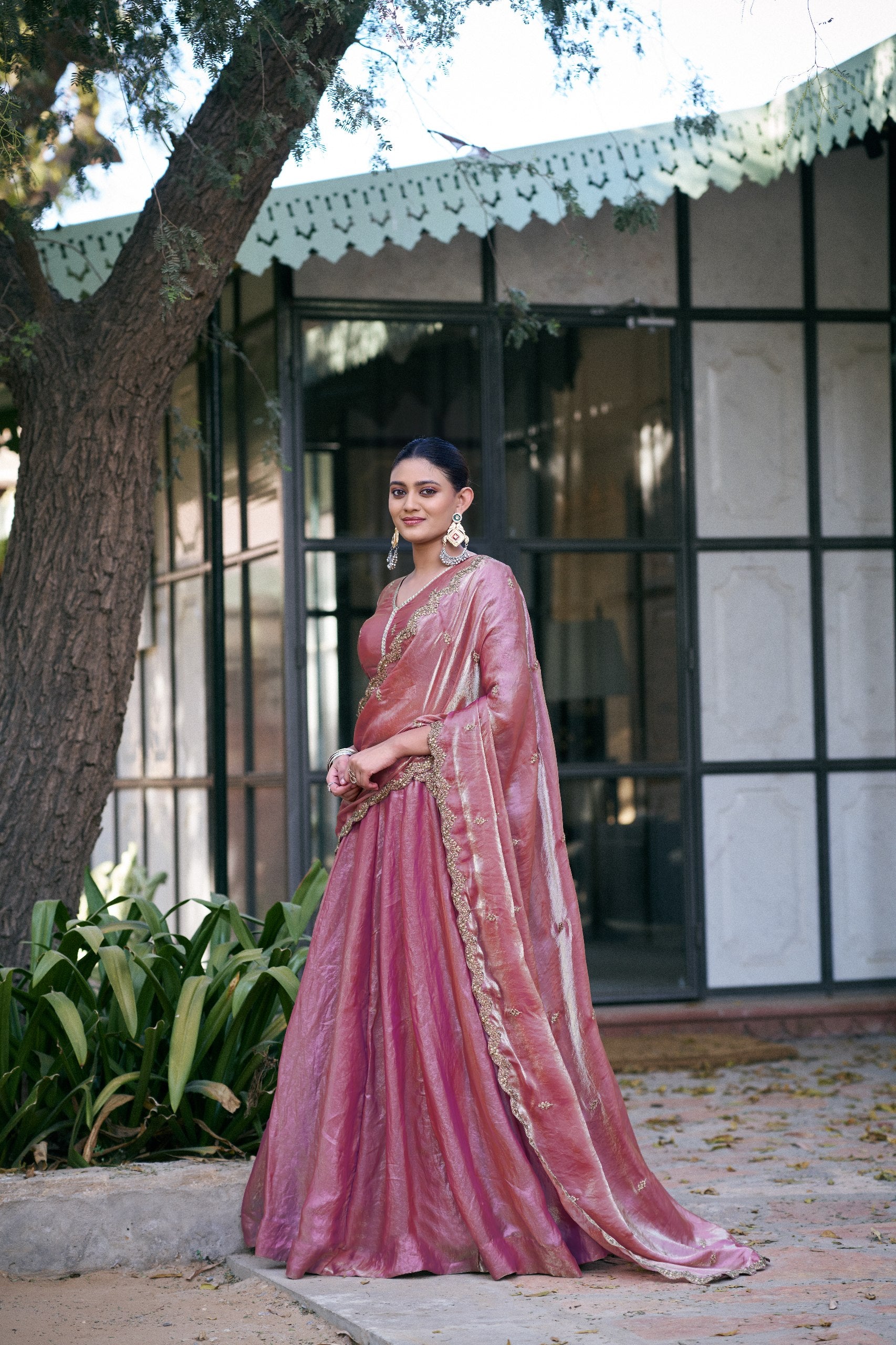 Womenline Rose Pink Shimmer Silk Lehenga Saree with Embellished Border