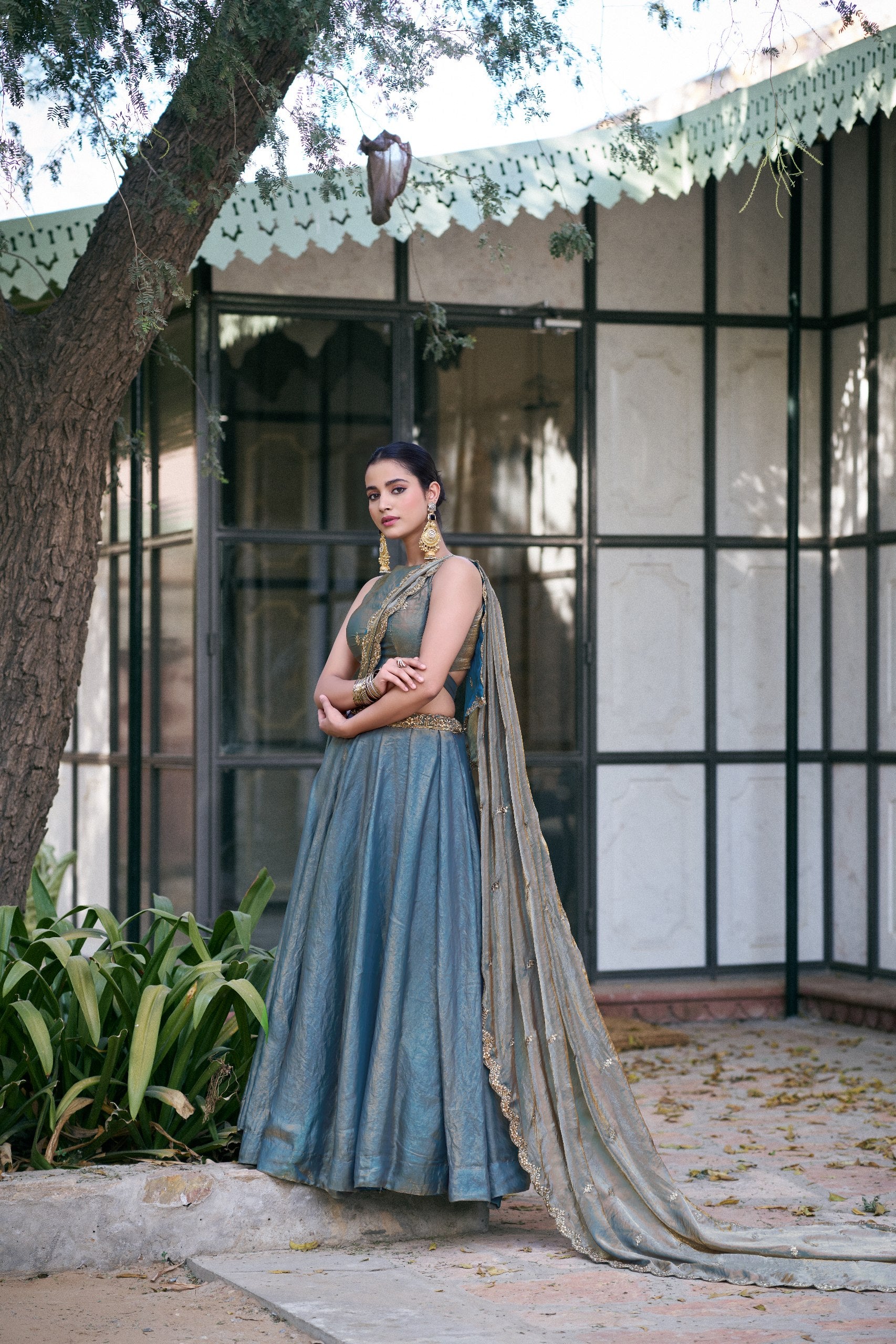 Womenline Steel Blue Designer Lehenga Choli with Embellished Dupatta
