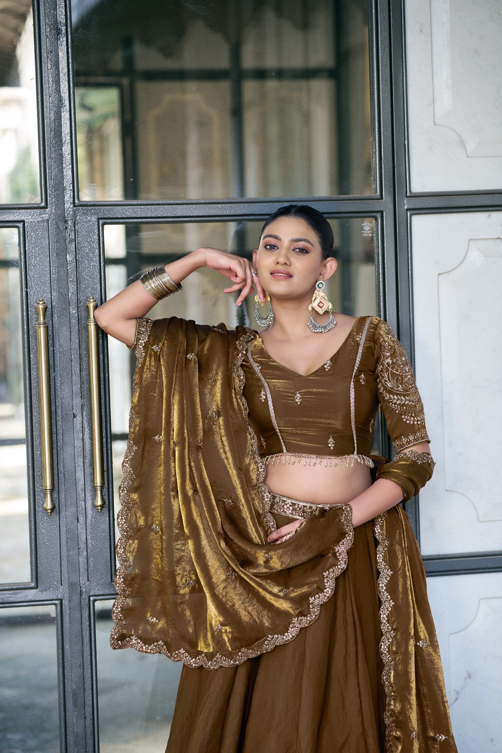 Womenline Chocolate Brown Designer Lehenga Choli with Embellished Dupatta