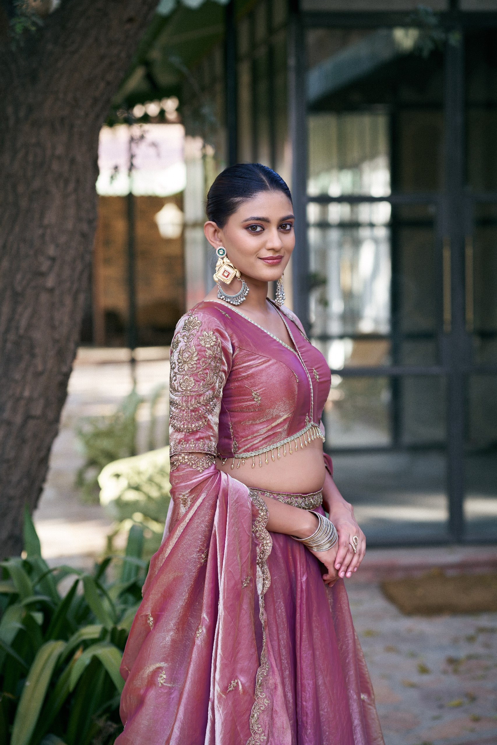 Womenline Rose Pink Shimmer Silk Lehenga Saree with Embellished Border