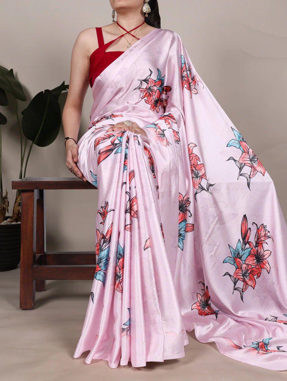 Womenline Light Pink Color Printed Satin Silk Saree