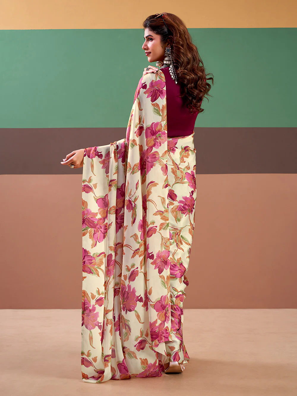 Womenline Pink Color Floral Print Satin Silk Saree