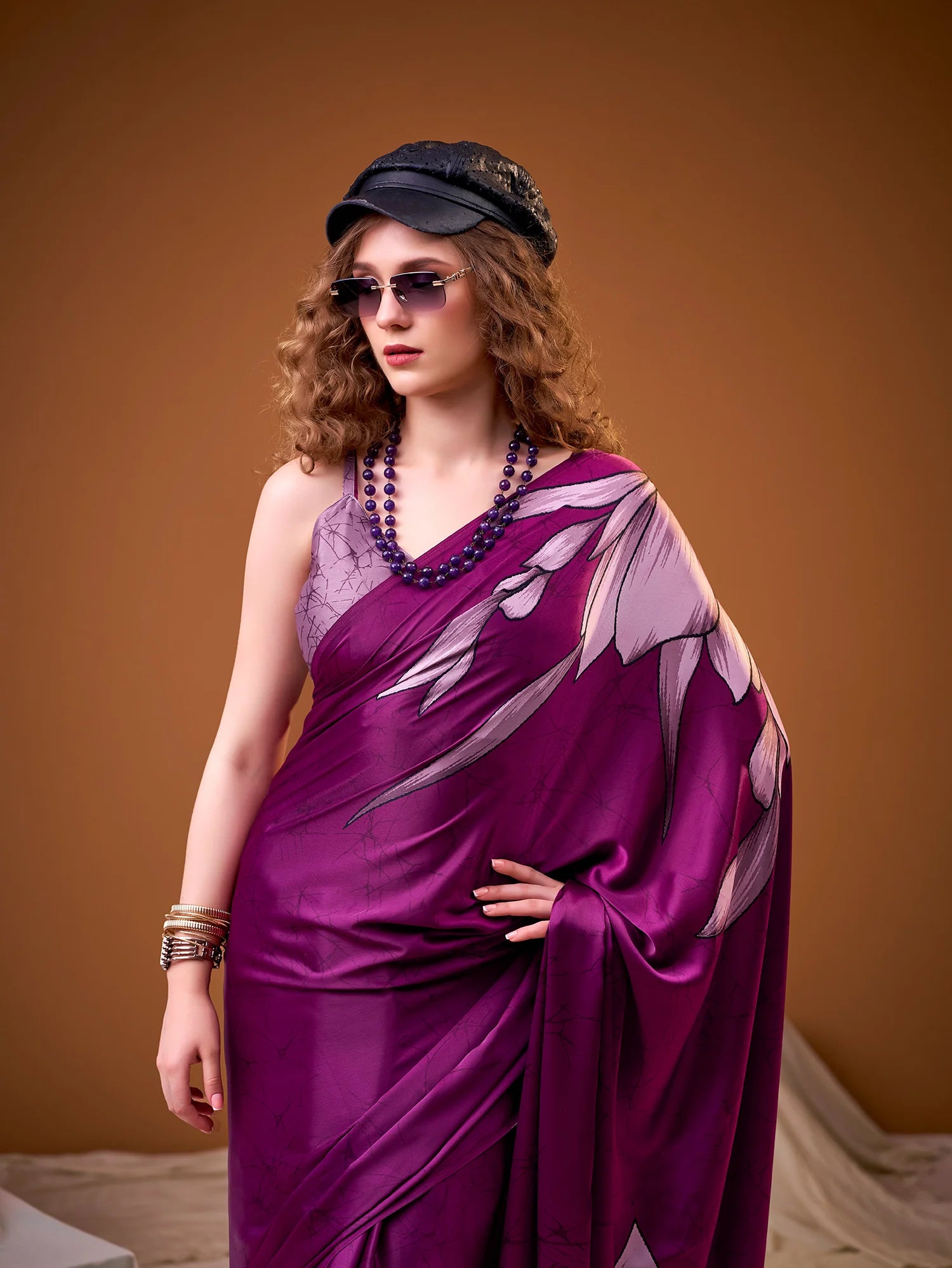 Womenline Magenta Color Floral Prined satin Silk Saree