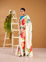 Womenline Cream Color Floral Print Satin Silk Saree