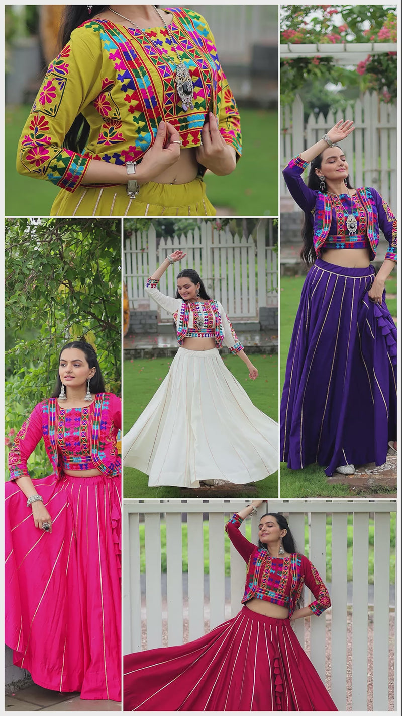 Womenline Elegant Pink Mirror Work Navratri Lehenga With Jacket Style Blouse