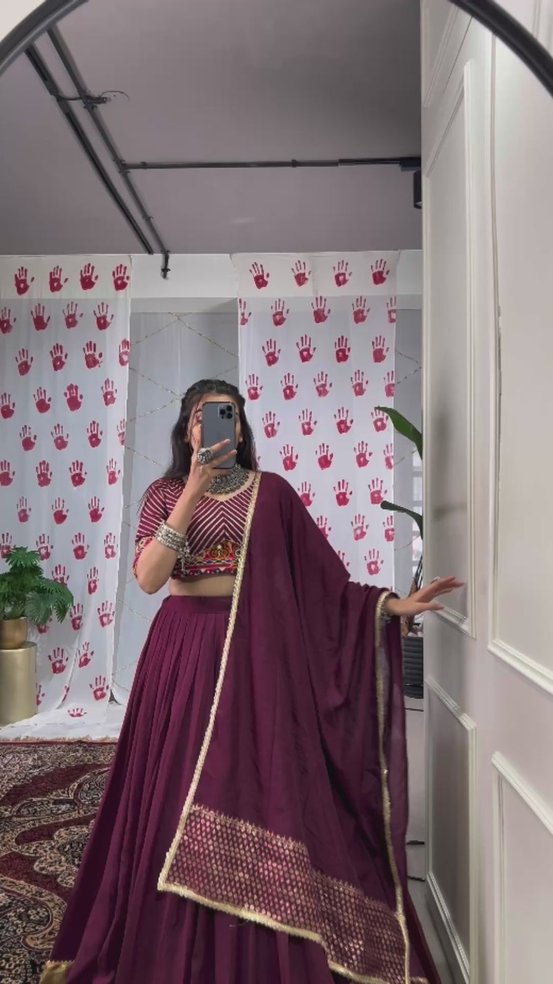 Womenline Wine Color Pure Chanderi Navratri Lehenga Choli