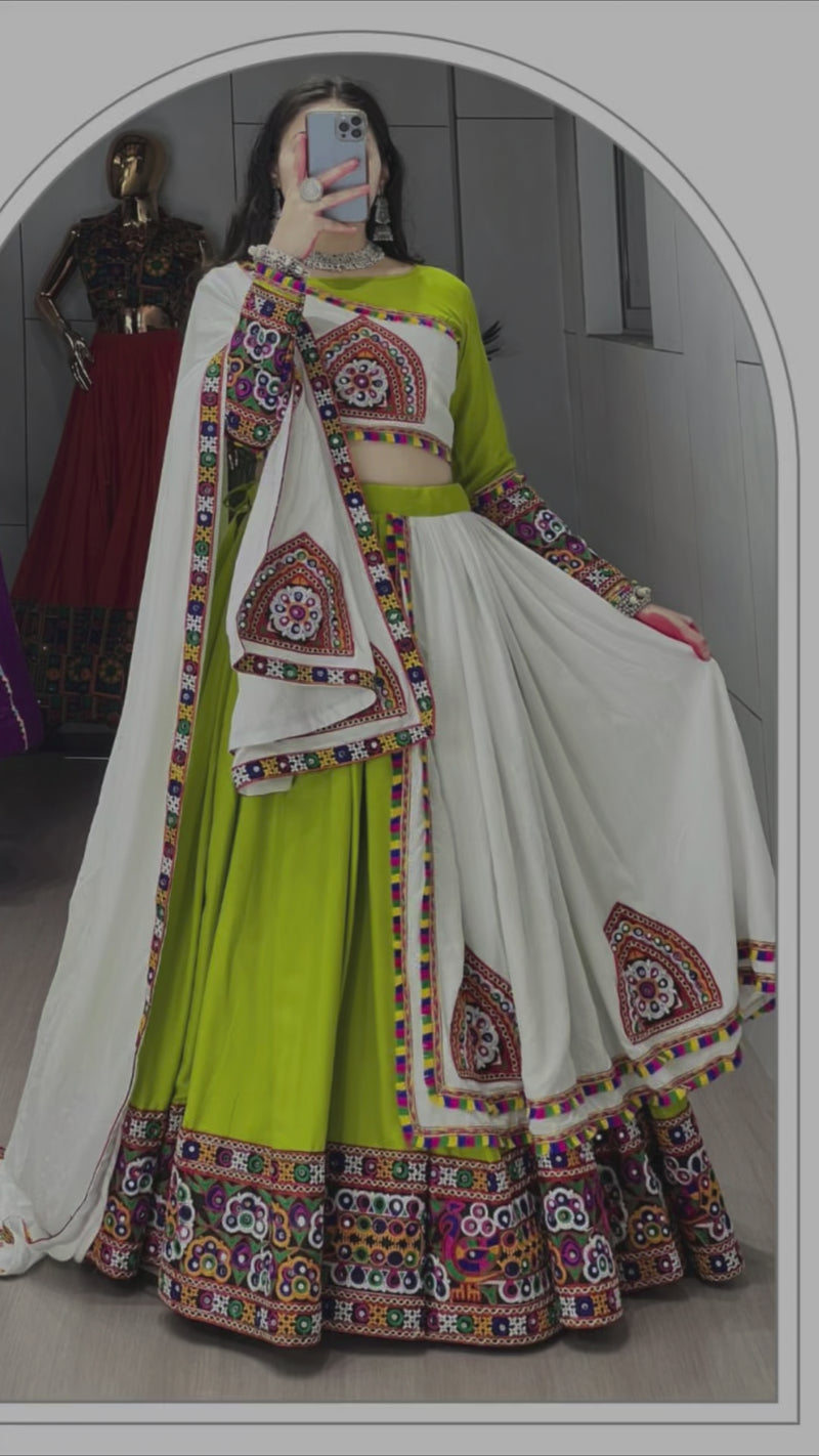 Womenline Parrot White Color Pure Rayon Cotton Navratri Lehenga Choli
