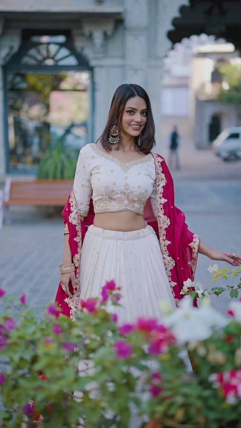 Womenline Off-White Color Vichitra Silk Thread Embroidered Lehenga Choli