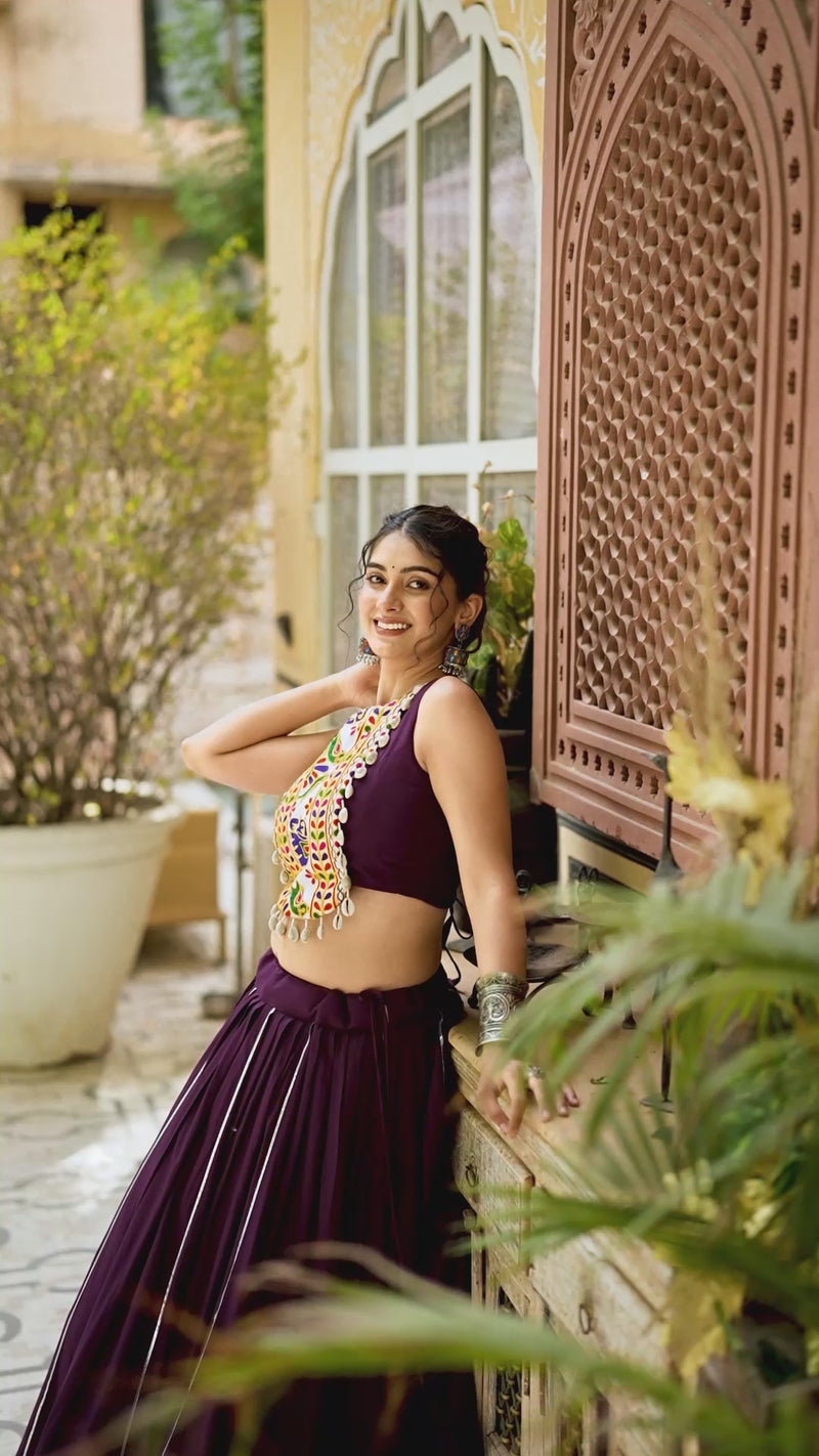 Womenline Wine Color Rayon Lehenga and Gamthi Work Blouse for Navratri